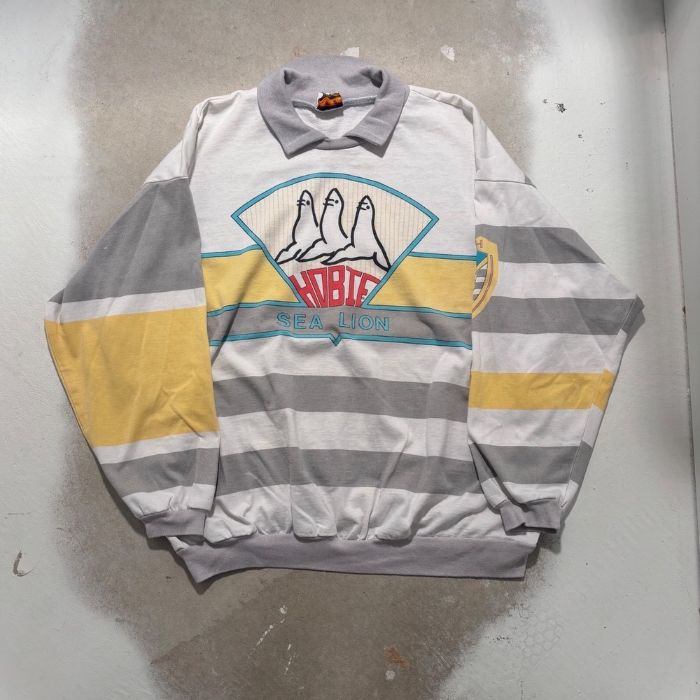 Vintage Hobie Sea Lion Sport Striped Long Sleeve Polo Sweatshirt Grey Yellow